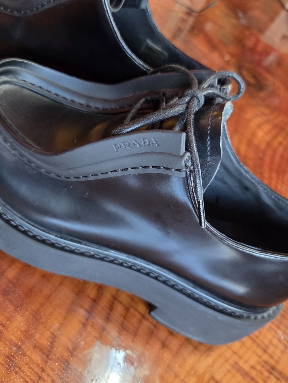 PRADA Diapason Black Opague Brushed Leather Lace-up Loafers - Picture 6 of 8